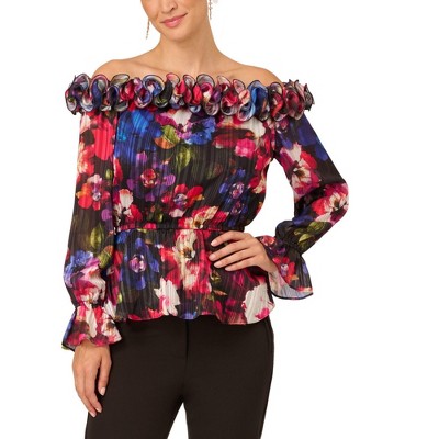 Adrianna Papell Womens Ruffled Floral Off the Shoulder Blouse