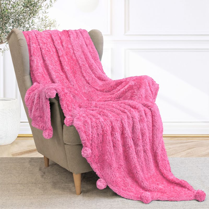 PAVILIA Fluffy Throw Blanket with Pompom, Lightweight Soft Plush Cozy Warm Pom Pom Fringe for Couch Sofa Bed, 1 of 8