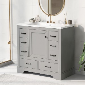 FAMYYT 36 in. Single Sink Freestanding Gray Bath Vanity with White Ceramic Top, Adjustable Shelves and 6 Drawers - 1 of 4