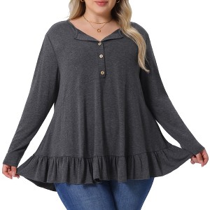 Agnes Orinda Women's Plus Size Casual V Neck Long Sleeve Ruffled Hem Button Half Placket Tops - 1 of 4