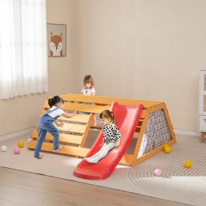 Costzon Climbing Toys for Toddlers, 5-in-1 Wooden Indoor Playground with Rock Wall, Rope Climber, Ladder, Slide & Removable Curtains - 1 of 4