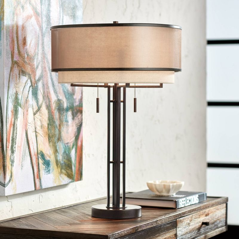 Franklin Iron Works Andes Modern Industrial Table Lamp 27 1/2" Tall Oil Rubbed Bronze Metal Stacked Double Fabric Drum Shade for Bedroom Living Room, 3 of 11