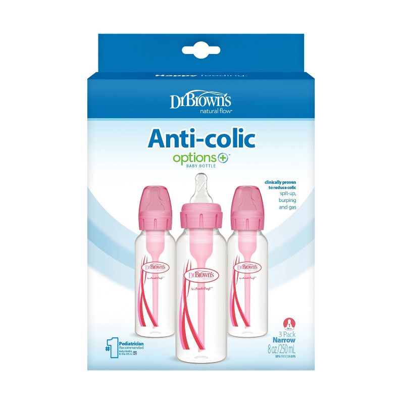 Dr. Brown&#39;s 8oz Anti-Colic Options+ Narrow Baby Bottle with Level 1 Slow Flow Nipple - 3pk - 0m+ - Pink, 3 of 15