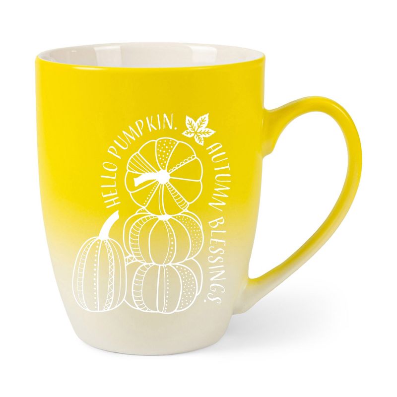 Elanze Designs Hello Pumpkin Autumn Blessings Two Toned Ombre Matte Yellow and White 12 ounce Ceramic Stoneware Coffee Cup Mug, 1 of 2