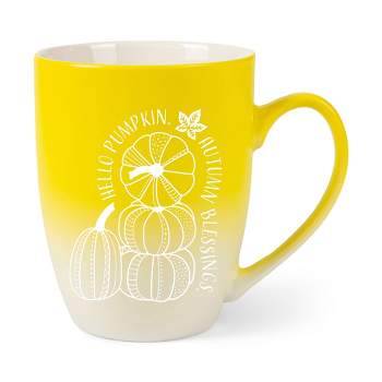 Elanze Designs Hello Pumpkin Autumn Blessings Two Toned Ombre Matte Yellow and White 12 ounce Ceramic Stoneware Coffee Cup Mug