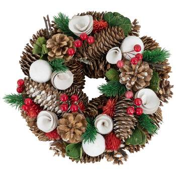 Northlight White Wooden Rose, Pine Cone and Berry Artificial Christmas Wreath, 10-Inch, Unlit
