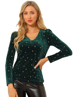 INSPIRE CHIC Women's Velvet V-Neck Long Sleeve Gilding Metallic Shiny Stars Blouse