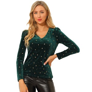 INSPIRE CHIC Women's Velvet V-Neck Long Sleeve Gilding Metallic Shiny Stars Blouse - 1 of 4