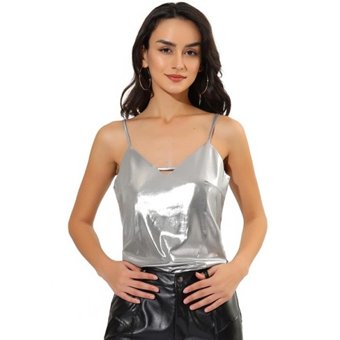 Allegra K Women's Shiny Metallic Crop Cami Hollow Out Backless Disco  Holographic Halter Camisoles Gold L : Target