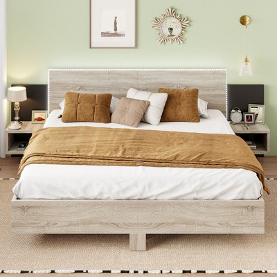 Okak King Floating Platform Bed Frame with Bedside Nightstand Bed with LED Strong Wood Slats No Springs Required Easy to Assemble, Natural