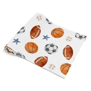 Sweet Jojo Designs Baby Boy Muslin 100% Cotton Swaddle Blankets Watercolor Sports Theme Blue Brown and Orange - 1 of 4