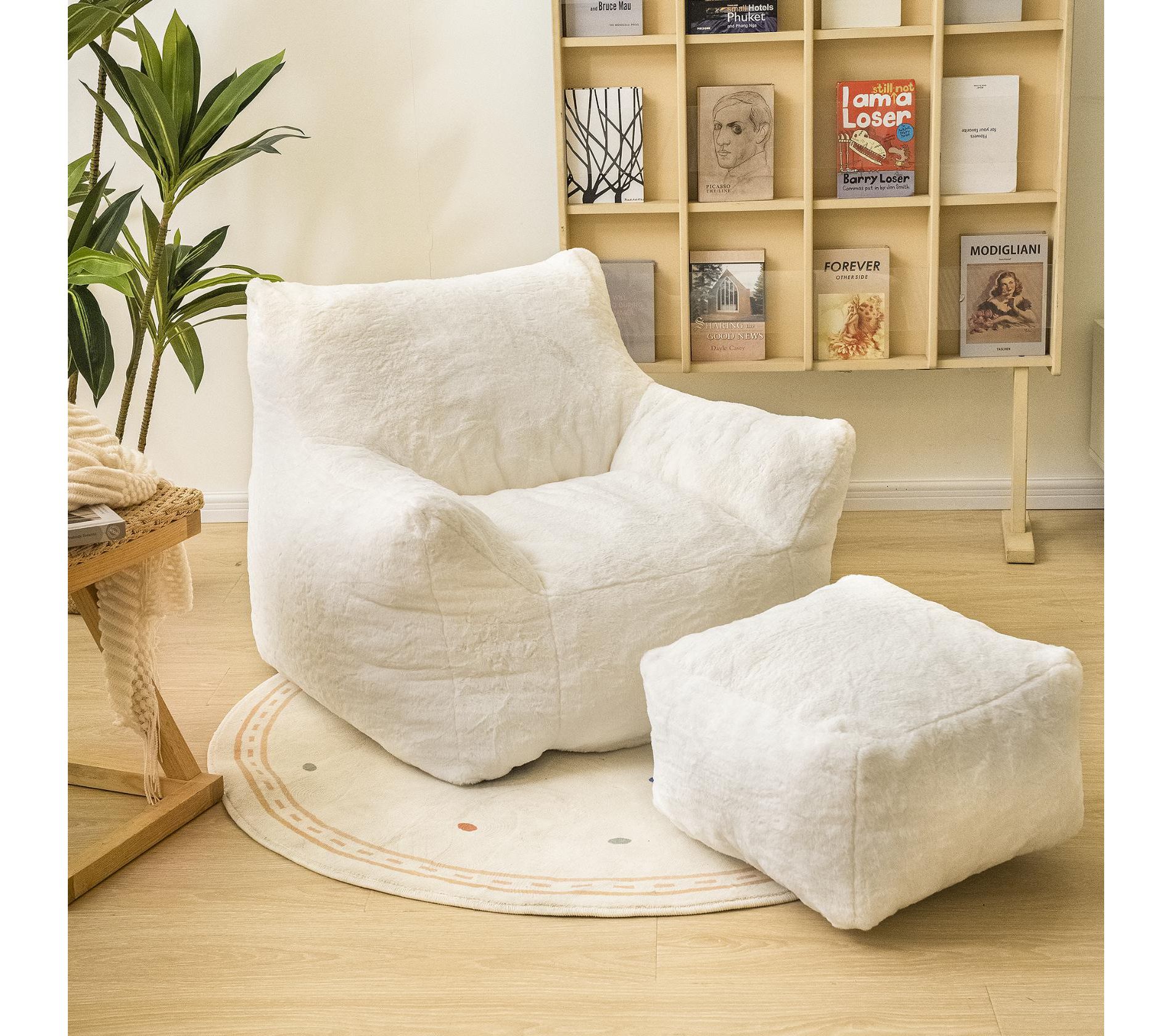 Hooseng Bean Bag Sofa with Tufted Soft Stuffed Filling, Fluffy and Lazy Sofa with Footstool, Comfy Cozy BeanBag Chairs, White
