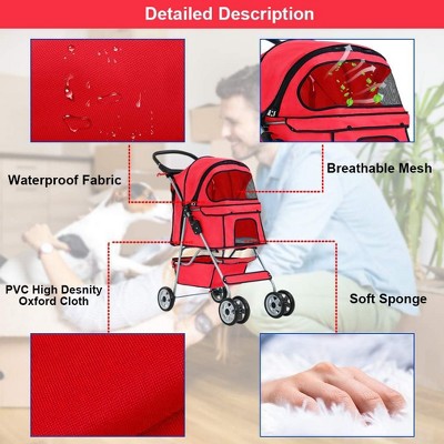 Red Folding Pet Stroller with Mesh Windows