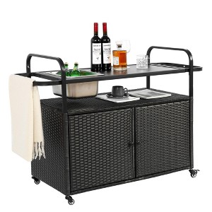 NAYSAYE Bar Serving Cart Outdoor Wicker Table with Cabinet and Steel Top for Patio , Black, 51.57"*19.69"*35.83" - 1 of 4