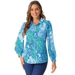 Allegra K Women's Floral Print Button Up Puff Long Sleeve Fashion Casual Blouse - 1 of 4