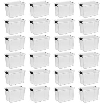Sterilite 30 Qt Ultra Latch Box, Stackable Storage Bin with Lid, Plastic Container with Heavy Duty Latches to Organize, Clear and White Lid, 24-Pack