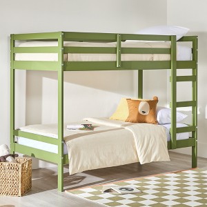 Modern Simple Solid Wood Twin Over Twin Bunk Bed, Olive Green - 1 of 4