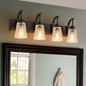 BAOURE 3 Lights Bathroom Vanity Light Fixtures 20.87 Inch Black Bathroom Light Fixture Over Mirror, Modern Vanity Light with Rippled Glass Shades - 1 of 4