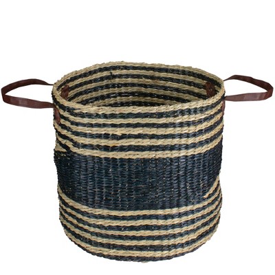 Northlight 15 Beige and Black Woven Seagrass Basket with Handles