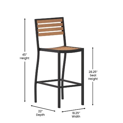 All-Season Faux Teak Poly Resin Slatted Bar Height Stool with Aluminum Frame