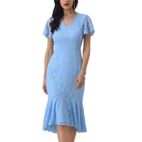 Женские платья INSPIRE CHIC Women's Lace Floral Fishtail Formal Cocktail Short Sleeve Midi Dress X-Large Light Blue