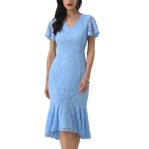 INSPIRE CHIC Women's Lace Floral Fishtail Formal Cocktail Short Sleeve Midi Dress - 1 of 4