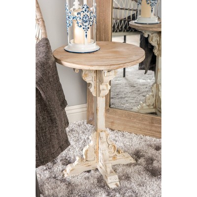 White and Beige Carved Wood Round Accent Table