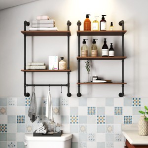 Yukimo 39"H Industrial Pipe Shelf, Wall Mounted Wood Display Shelves with 3 Hooks, Farmhouse Kitchen Bar Bookshelf - 1 of 4