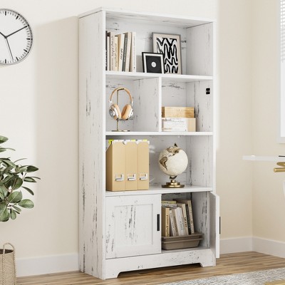 Bookshelf with LED Lights Bookcase with Doors Farmhouse Storage Rack Standing Bookshelves Wooden Display Shelf for Living Room, Home Office