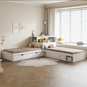 Whisen Twin Size L-shaped Platform Bed with Trundle and Drawers Linked with built-in Desk - 1 of 4