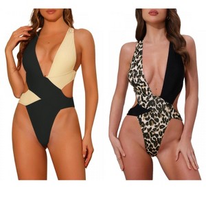 INSPIRE CHIC Women's Color Block Deep V Neck Criss Cross Back Swimwear Bathing Suit Monokini 2 Sets - 1 of 4