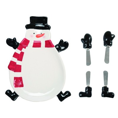 Transpac Dolomite 13 in. White Christmas Snowman Bowl with Spreaders Set of 5