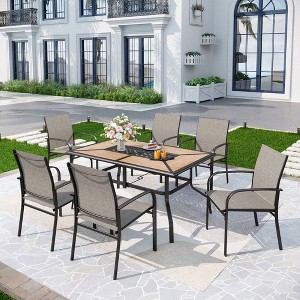 7pc Patio Dining Set with Faux Wood/Steel Table with Umbrella Hole & Metal Padded Arm Chairs - Captiva Designs: Weather-Resistant, Rustproof - 1 of 4