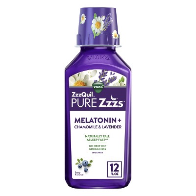ZzzQuil PURE Zzzs Liquid Melatonin Sleep Aid  Berry Flavored with Chamomile & Lavender 12 FL OZ
