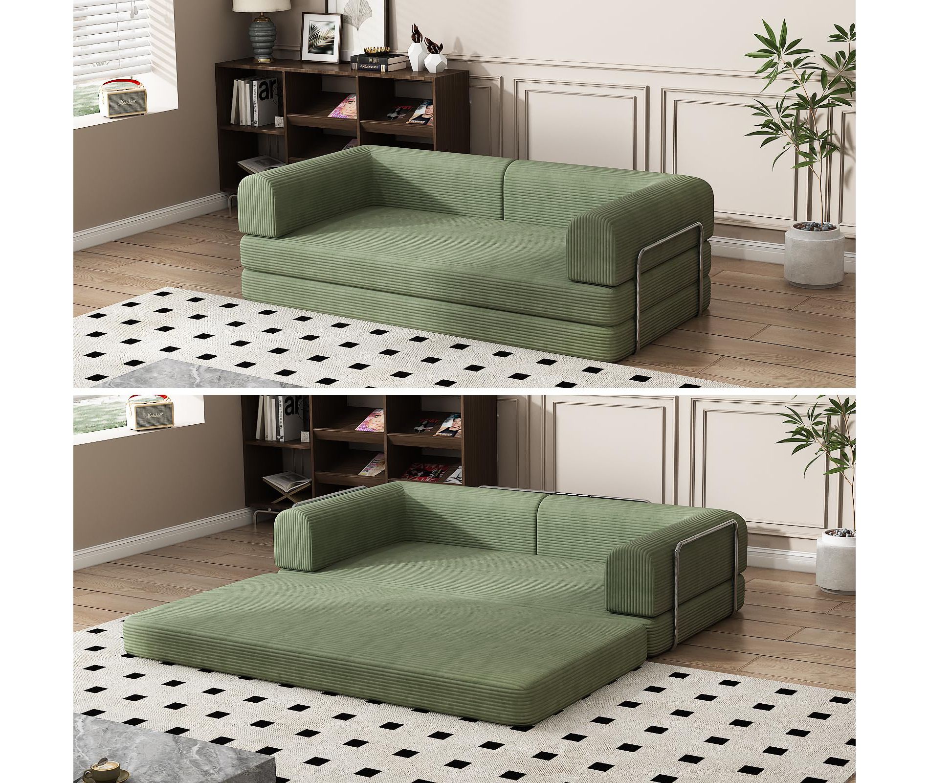 Convertible Corduroy Sleeper Sofa Bed,Folding Mattress Couch with Fixed-Shape Frame, 3 Seater Fold Out King Size Futon,No Assembly Floor Couch