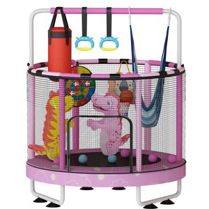Hooseng 55" 7-in-1 Round Trampoline for Kids with Safety Enclosure Net, Indoor & Outdoor Toddler Trampoline with Adjustable Gymnastics Bar & Toys - 1 of 4