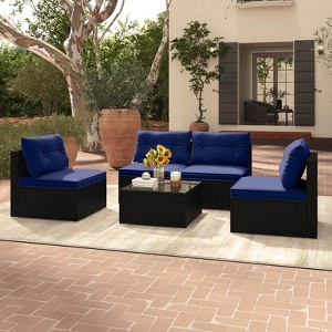 Costway 5 Piece Outdoor Furniture Set with Seat & Back Cushions Tempered Glass Tabletop Black/Blue - 1 of 4