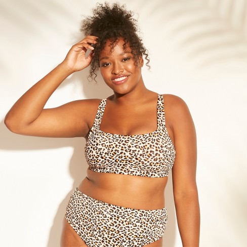 Women's Plus Size Square Neck Ribbed Bralette Bikini Top - Xhilaration™ Animal Print