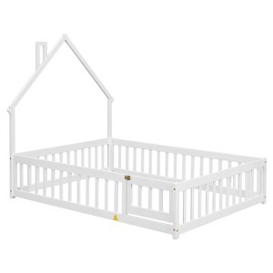 Fontoi Beds, Full Size Floor Bed with Headboard, Wood Bed with Guardrails and Door for Girls and Boys, White, 60"*64.8"*78.2" - 1 of 4