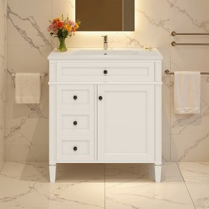 SpassWay 30"L White Modern Bathroom Vanity with Sink 2 Drawers Tip Out Storage Cabinet - 1 of 4