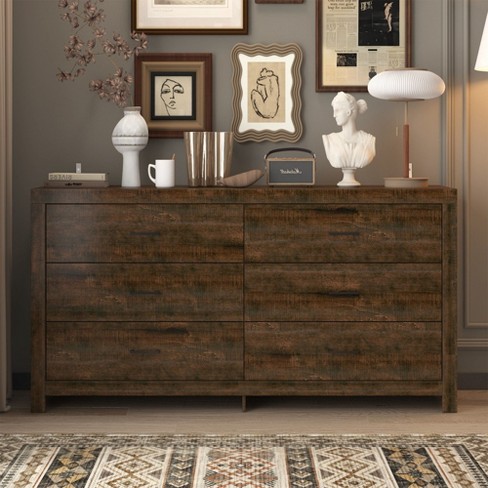 Hitow 6 Drawer Horizontal Dresser Woodgrain and Black Handles for Living Room Storage - image 1 of 4