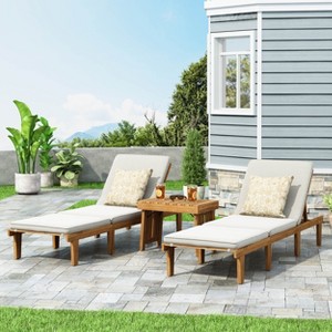 Christopher Knight Home Alisa Outdoor Acacia Wood 3 Piece Adjustable Armless Chaise Lounge Chat Set with Cushions - 1 of 4