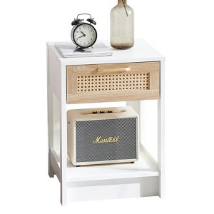 Natural Rattan Nightstand, Bed Side Table with Drawer, Wooden End Table, Rattan Chest of Drawer with Retro Handle for Living Room, Bedroom - 1 of 4