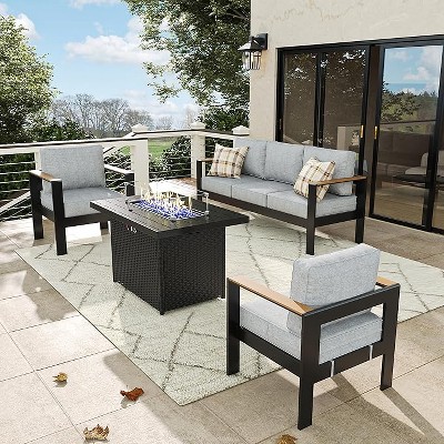 LayinSun 4 Pieces Aluminum Outdoor Patio Furniture Set with Fire Pit Table, Outside Metal Patio Conversation Sets with Deep Seating and Thick Cushions