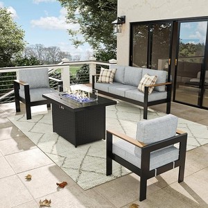LayinSun 4 Pieces Aluminum Outdoor Patio Furniture Set with Fire Pit Table, Outside Metal Patio Conversation Sets with Deep Seating and Thick Cushions - 1 of 4