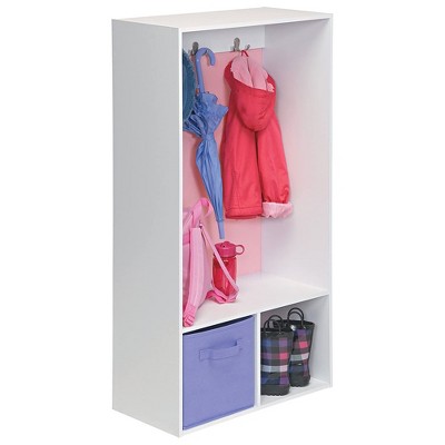 White Engineered Wood Freestanding Storage Locker with Hooks and Cubbies
