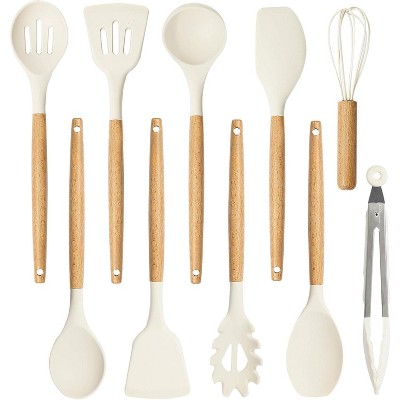Attop Silicone Cooking Utensils Set, Kitchen Utensils Set 10 Pcs with Heat Resistant Wood Handles Cream White