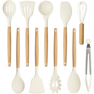Attop Silicone Cooking Utensils Set, Kitchen Utensils Set 10 Pcs with Heat Resistant Wood Handles Cream White - 1 of 4