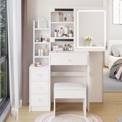 Ridstar 29.2 in. W Small Size Left Bedside Cabinet Vanity Table with Cushioned Stool For Small Space-White