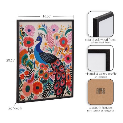 Bright Colorful Boho Peacock and Botanicals Print with Black Frame